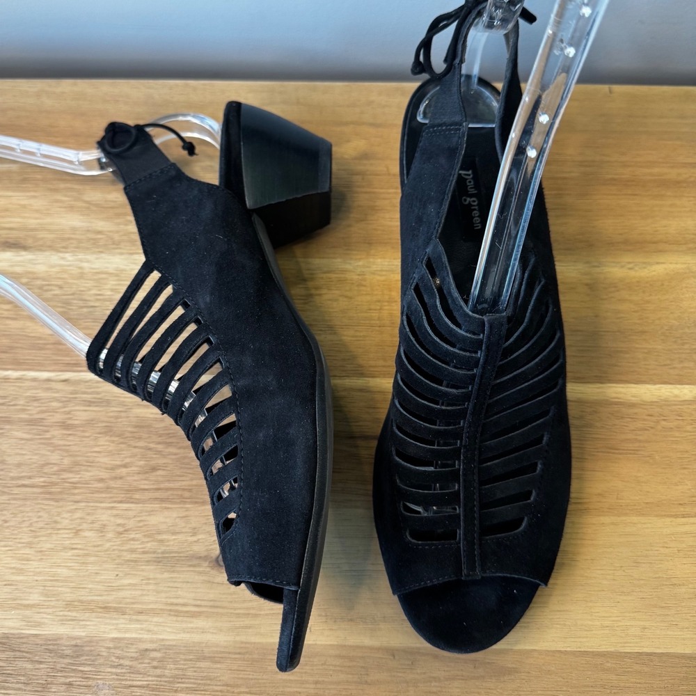 Paul Green Talia Wom US 10 UK7.5 Black Suede Cage Peep Toe Slingback Block Heel